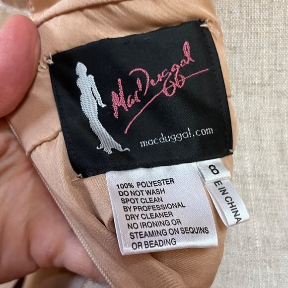 Mac Duggal Formal Dress Tea Length Champagne Taffeta Black Lace Trim Fit & Flare - Picture 14 of 16